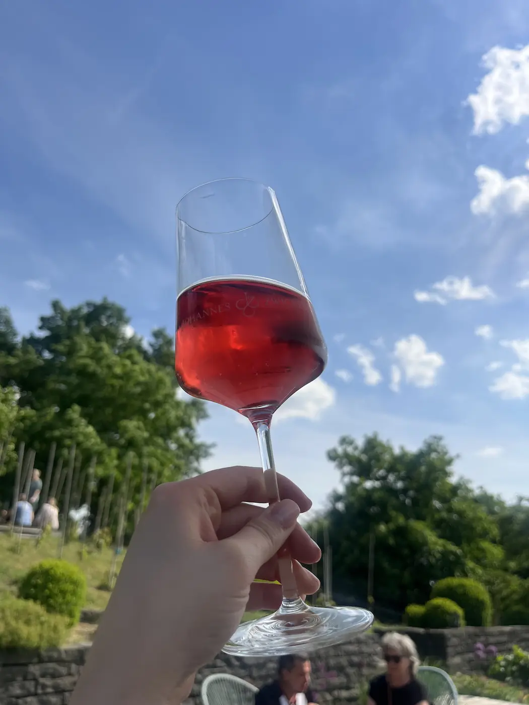 Gäste sitzen unter Sonnenschirmen am Naturteich der Gartenbar im Grünen